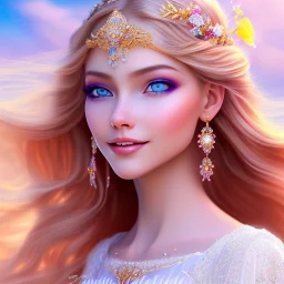 Beautyful smiling young woman, long hair amazing blue eyes, flowers, happy cosmic, bright colors, blue, pink, gold, jewels, realistic, photo real, clear sunny background, highly detailed, high contrast, 8k high definition, unreal engine 5, extremely sharp detail, light effect, sunny light background