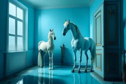 Imagen surrealista, un caballo y conejo con cuerpos humanos, en una habitación llena de agua hasta el cuello de ambos. Color de la habitación azul claro, azul celeste. Fotografía realizada con una cámara Leica y objetivo de 35 mm. Estilo onírico, manifiesto surrealista, estilo Tommy Ingberg