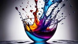 Splash! Multicoloured ink drops diffusing gently into a glass vessel full of water, amazing detail, beautiful composition, award-winning photograph, astonishing realism, 21mm lens, adjust perspective