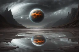 grey sky, planet in the sky, puddle, sci-fi, landscape, mountains, galactic cosmic influence