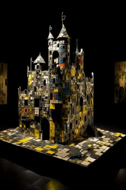 A black castle made out of steel in a chaotic shadow realm designed in ancient Roman mosaics painted by Wassily Kandinsky