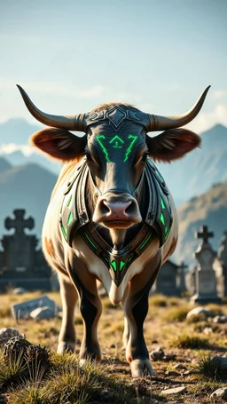 A cow with armor and streaks of green light on its armor, it's daytime and in a cemetery on a mountain.