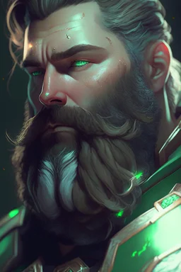 photorealistic white male bearded handsome, hyperdetailed painting, luminism, Bar lighting, complex, dark green miltary armor, 4k resolution concept art, Artgerm, WLOP, Alphonse Mucha, 3d render, octane render, intricately detailed, cinematic, awesome full color, hand drawn, dark, gritty, cinematic