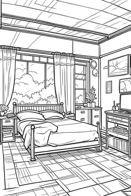 Outline art, simpl House interior design, bedroom, cartoon style, thick lines, low details, --ar 9:11