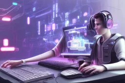 cyberpunk computer with a boy sitting in front of it with headphones and computer has a hacking screen