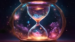 Cosmo space inside a glowing hourglass, intricate, realistic, digital art, meticulously detailed