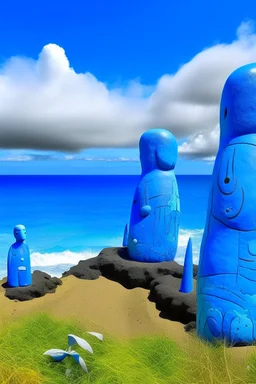 A blue beach with music notes designed in Moai statues painted by Paul Klee