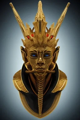 black male African Egyptian alien, cracks in the voodoo head, wicked, eyes, crown, blood, 8k, finely detailed, photo realistic, tiger turquoise skull head gold dragon space alien snow skeleton gold teeth silver crown silver space face mask