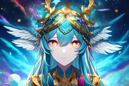 A highly detailed digital painting of sweet and kind fantasy anime women with head wings pondering under the milky way, wearing a short light. Multi coloured eyes reflecting a galaxy, close-up, highly detailed eyes, feathers, stars, pure, galaxy, colorful