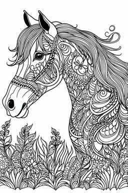 create a 2d black outline, "horse coloring book for girls", coloring page, low details design, black contour, coloring page design, simple background, colorful , card style, coloring page for girls, white background, sketch style