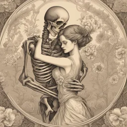 Memento mori with a tired looking 3/4 length skeleton standing behind and embracing in a dance like swirl a fainting young maiden, dynamic posture, macabre romance, couple is surrounded by botanical flower motifs, looks like a deep metal engraving, muted colors