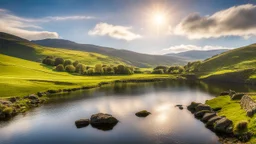 View in the English Lake District with beautiful sky, late afternoon spring sunshine, stone walls enclosing the fields, mountains and U-shaped valleys, river, lake, calm, peaceful, tranquil, rule of thirds, beautiful composition, exquisite detail