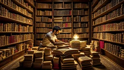 The image captures a moment of deep immersion in the world of books and personal development. It offers a unique glimpse as the person sits surrounded by books, engrossed in reading content that contributes to self-improvement and acquiring new knowledge. The proper lighting and intricate details enhance a positive and motivating atmosphere for learning and growth. The image portrays a scene where the individual is actively engaging in self-development through reading, highlighting the impact of
