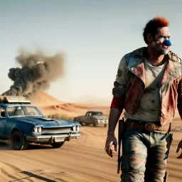 Ultra realistic mad max scene. clown sweet man, color smoke, waist up view, Wes Anderson style, happy, highly detailed, concept art, unreal engine 5, god rays, ray tracing, RTX, lumen lighting, ultra detail, volumetric lighting, 3d, finely drawn, high definition, high resolution.