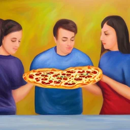 three people eating pretzel pizza,oil painting style