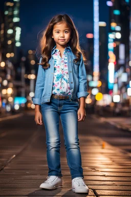 Little 8 years old 1girl wearing a pretty shirt and jean pant, standing pose,modern city ,night view