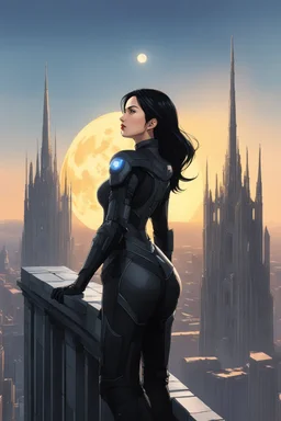 A slim Woman With Black Hair, Wearing an android-looking suit, standing sideways On a ledge of a building, with a waning moon Behind Her Head, towering spires and buildings highlighted by the setting sun