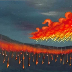 Painting of Umbrellas falling from sky. Open umbrellas. Umbrellas in air.in background Fire as rain. Fireballs falling. Flames in horizon. Clouds that look like fire. Rain that looks like fire.