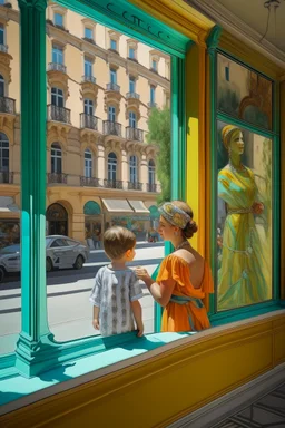 Neoclassicism mother and child looking at a shopwindow distend zoom out realistic cote d'azur colorfull