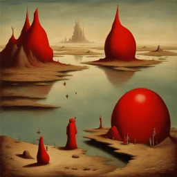 Odd open space, metaphysical, giant red object, very detailed, person, Yves Tanguy