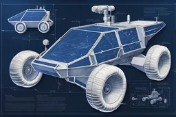 Blueprints to a lunar rover of the future, very detailed, dark blue paper, white ink sketch