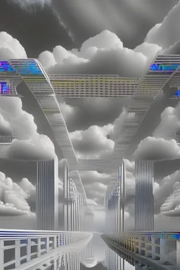 an idea is created of a bridge which has white clouds, in the style of futuristic digital art, grid formations, hall of mirrors, black and gray, photorealistic fantasies, multilayered dimensions, frontal perspective