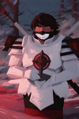 The character, in a striking white armour against a wintry backdrop stands with his hands behind his back inside the scene, he has a red and black circular symbol on his chest like a shield, a black pointed spear with a red handle on his back, His eyes are showing a dynamic expression and he wears a black oni mask with white teeth on it covering the bottom part of his mouth he has brown shoulder pads and a white belt with a bag attached to it. He has dark brown hair, he does not wear a helmet.