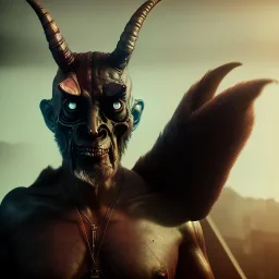 A portrait post-apocalypse of Baphomet ,pyramid,sin city,cyborg, sci-fi fantasy style, volumetric lighting, particales,highly detailed,cinamatic,8k,3D,fire and black deep colours,ignore NSFW.