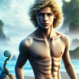 Sango fantasy, fantasy magic, intricate, sharp focus, highly detailed, photorealistic, full body image of a beautiful 12 year old boy with long, blonde curly hair and light blue eyes, smiling, shirtless, in front of an distant beach