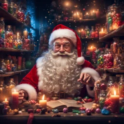 santa claus with happy smile, magic shop, magical treats and candy in jars, magical books and wands everywhere very dark room, candle light, bright vibrant colors, glowing sparkle particles, dark tone, sharp focus, high contrast, 8k resolution, incredible depth, shallow depth of field, dramatic lighting, beautifully intricate details, clean environment, epic dynamic scene