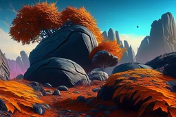 autumn vegetation, one exoplanet in the horizon, big stones, cliff, surrealistic, sci-fi.