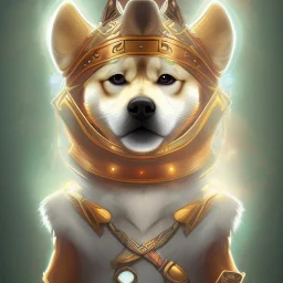 viking shiba inu with floating spirit orbs