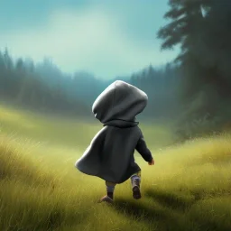 thick oil paint of a tiny little character with long hair a grey hood covering face and a grey cloak side-running up a green grass hill, rimlight, profile, silhoutte, flare, colorful, joyful, bright, epic, realistic, detailed, sky in the background, happy pose, more colors