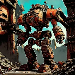 90's fantasy tcg art of a giant junk robot made of multiple parts in the ruins of a post apocalyptic city