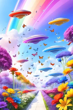 colors, very beautiful, flowers garden,rainbow, cité très futuriste ultra moderne, ufos rainbow, ufos fleet, intergalactic, birds, butterfly