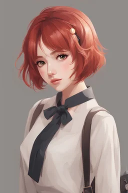 masterpiece, best quality, 1girl, red hair, very short hair, petite , flat chest, , head tilt, detailed style