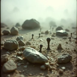 A striking quality close-up Kodak photograph captures a wasteland with odd stones, odd spindle-shaped objects, spooky, creepy, details of the dust very accentuated, glossy, organic, adorned with minerals and rocks, fog. Bathed in feeble light, eerie, Max Ernst style, black sun, fog, volumetric light