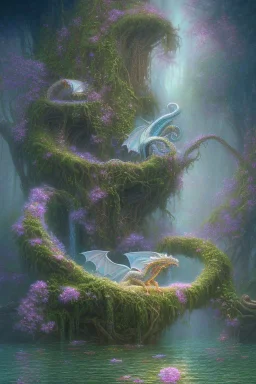 high-quality, fine-detail beautiful, dragon sleeping, flowers, clear reflective lake, tranquil, stunning, 8k resolution, intricate, digital art, detailed matte, volumetric lighting, George Grie, Anne Dittman, Anne Stokes, Lisa Parker, Selina French, Alphonse Mucha