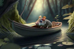 mouse in boat, in forest by stream, book illustration, fine detail, 4k, trending, volumetric light, depth of field