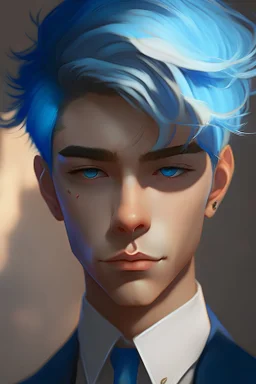 portrait Anime western male cute-fine-face, sky blue hair, 18, light brown eyes, Dark blue suit, pretty face, realistic shaded, fine details. realistic shaded lighting by Ilya Kuvshinov Giuseppe Dangelico Pino and Michael Garmash and Rob Rey, IAMAG premiere, WLOP matte print, masterpiece