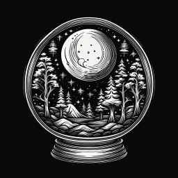 Make black and white cute drawing of a Crystal Ball with black bold lines. Only outline, no grayscale. A glowing crystal ball sitting on an ornate stand decorated with crescent moons and stars. Inside the ball, show a swirling magical scene like a forest, castle, or mysterious symbols.