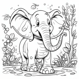 cartoon illustration, coloring book page, happy elephant, nature, black and white, clean