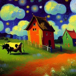 Dibujo al oleo de una pradera con una casa y unas vacas con muchas nubes de colores estilo Vincent van Gogh