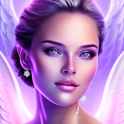 portrait of a beautiful woman with an angel face smiling, pink and blue dress, jewels, soft light aura