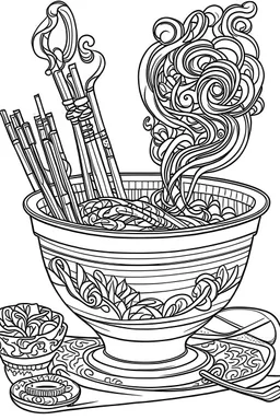 Outline art for coloring page, A CIGARETTE WITH WHISPS OF SMOKE NEXT TO A JAPANESE CHAWAN TEACUP, coloring page, white background, Sketch style, only use outline, clean line art, white background, no shadows, no shading, no color, clear