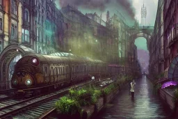 Train run raid Train Canal River and corner shop greengrocer in colorful Italian street+Gothic city+BioShock+Dishonored+Bloodborne +trieste+Edinburgh+Chicago+victorian London+decòpunk Skyscraper+ +steampunk+biopunk+alphonse mucha, greg rutkowski,matte painting, cryengine, hyper detailed, felix kelly, fantasy art, seb mckinnon