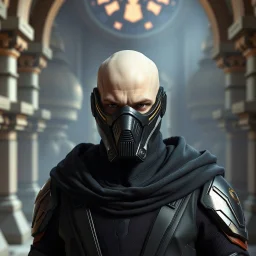 star wars bald male corellian jedi wearing gunmetal grey and black old republic armored flightsuit and breath mask with gold and metallic red trim inside the jedi temple, centered head and shoulders portrait, hyperdetailed, dynamic lighting, hyperdetailed background, 8k resolution, volumetric lighting, light skin, fully symmetric details