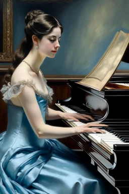 Portrait of dark haired young woman wearing a pale blue silk dress playing a glossy black piano in the style of renoir