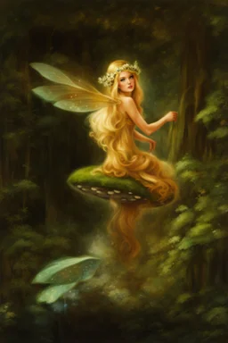 Fairy Princess, long blonde hair,long golden hair, Fairy crown ,fairy, fairy wings, mushroom,sparkle,,Lilly of the valleys