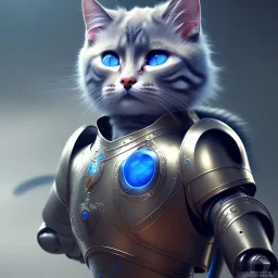 a cat-like robot with blue eyes wearing a medieval armor, high detail, photo, 8k, ray-tracing